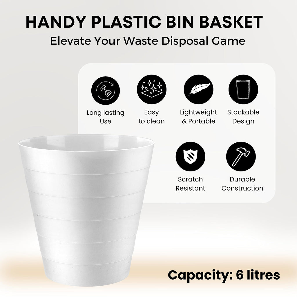 Plastic Round Waste Bin 2-Pack, 6 Litre Open-Top White
