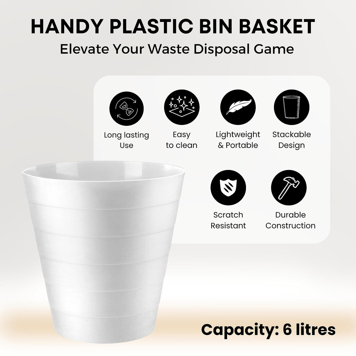 Plastic Round Waste Bin 2-Pack, 6 Litre Open-Top White