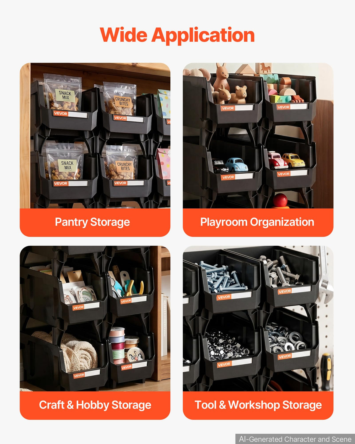 Plastic Stackable Storage Bins, 10.9 x 5.5 x 5.1 in, 8 Pack Black