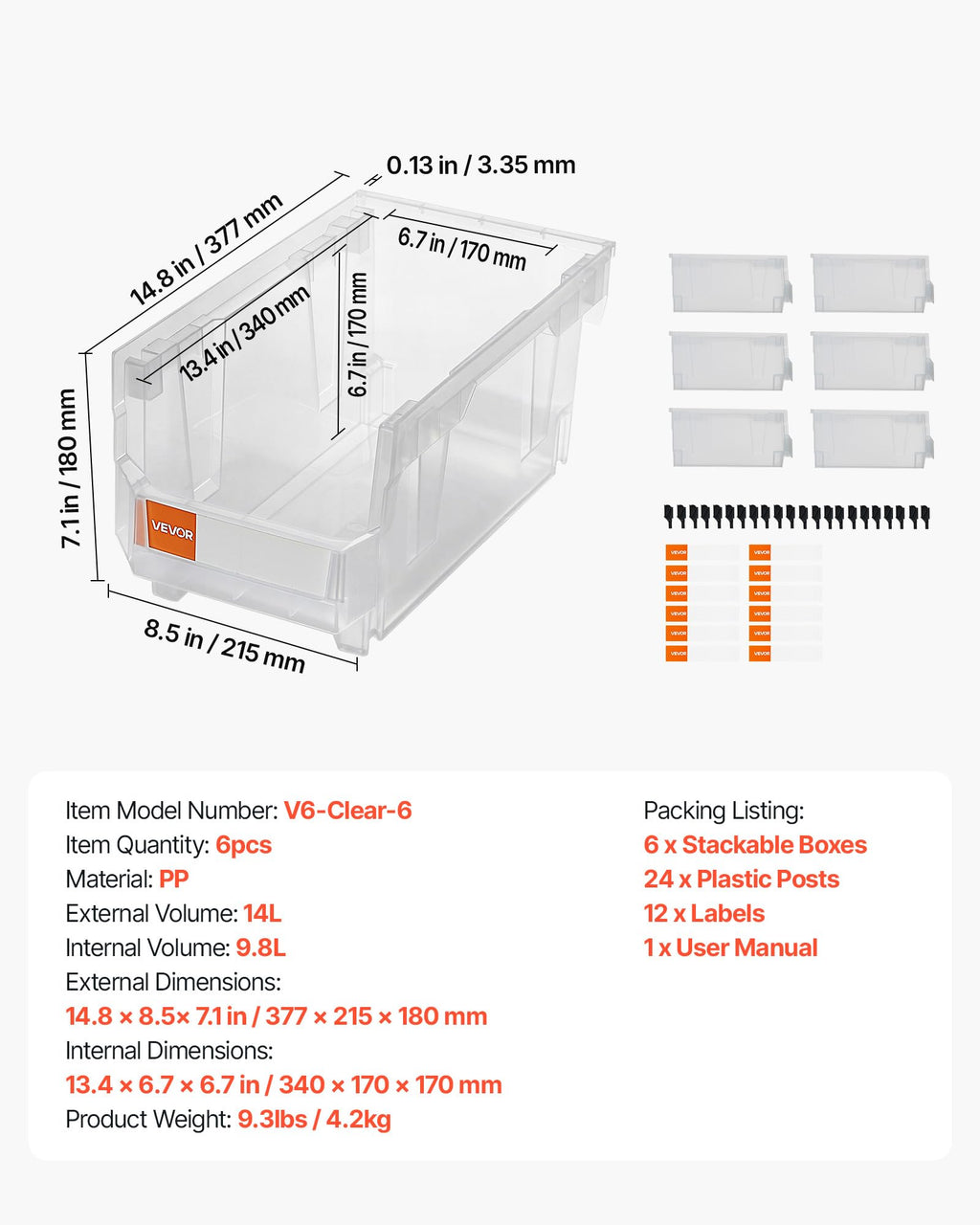 Plastic Stackable Storage Bins 14.8 x 8.5 x 7.1 in — 6 Pack, Transparent