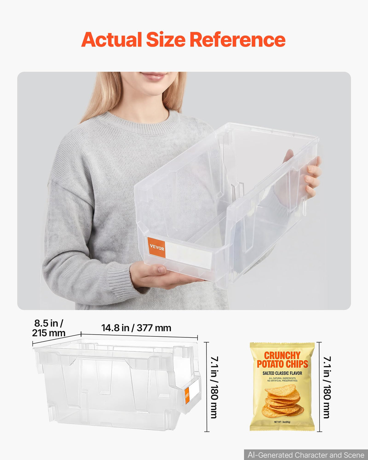 Plastic Stackable Storage Bins 14.8 x 8.5 x 7.1 in — 6 Pack, Transparent