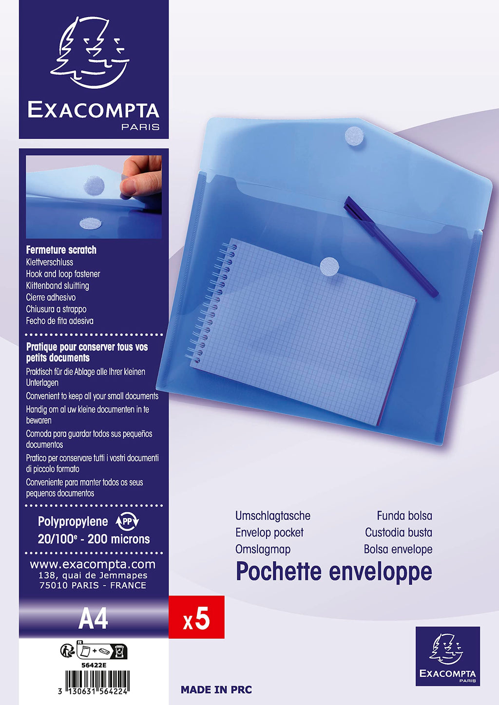 PP Envelope Pocket 56422E — A4 Translucent 0.2mm Hook & Loop Blue (5-pack)
