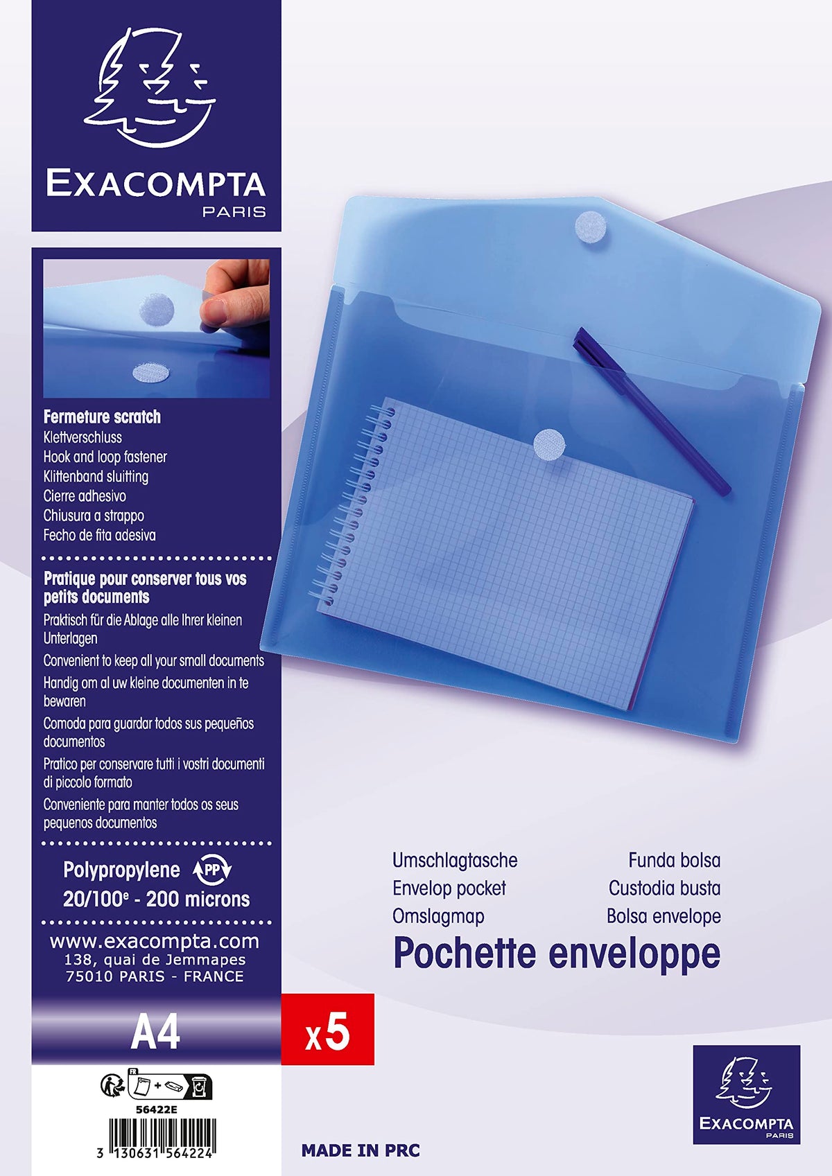 PP Envelope Pocket 56422E — A4 Translucent 0.2mm Hook & Loop Blue (5-pack)