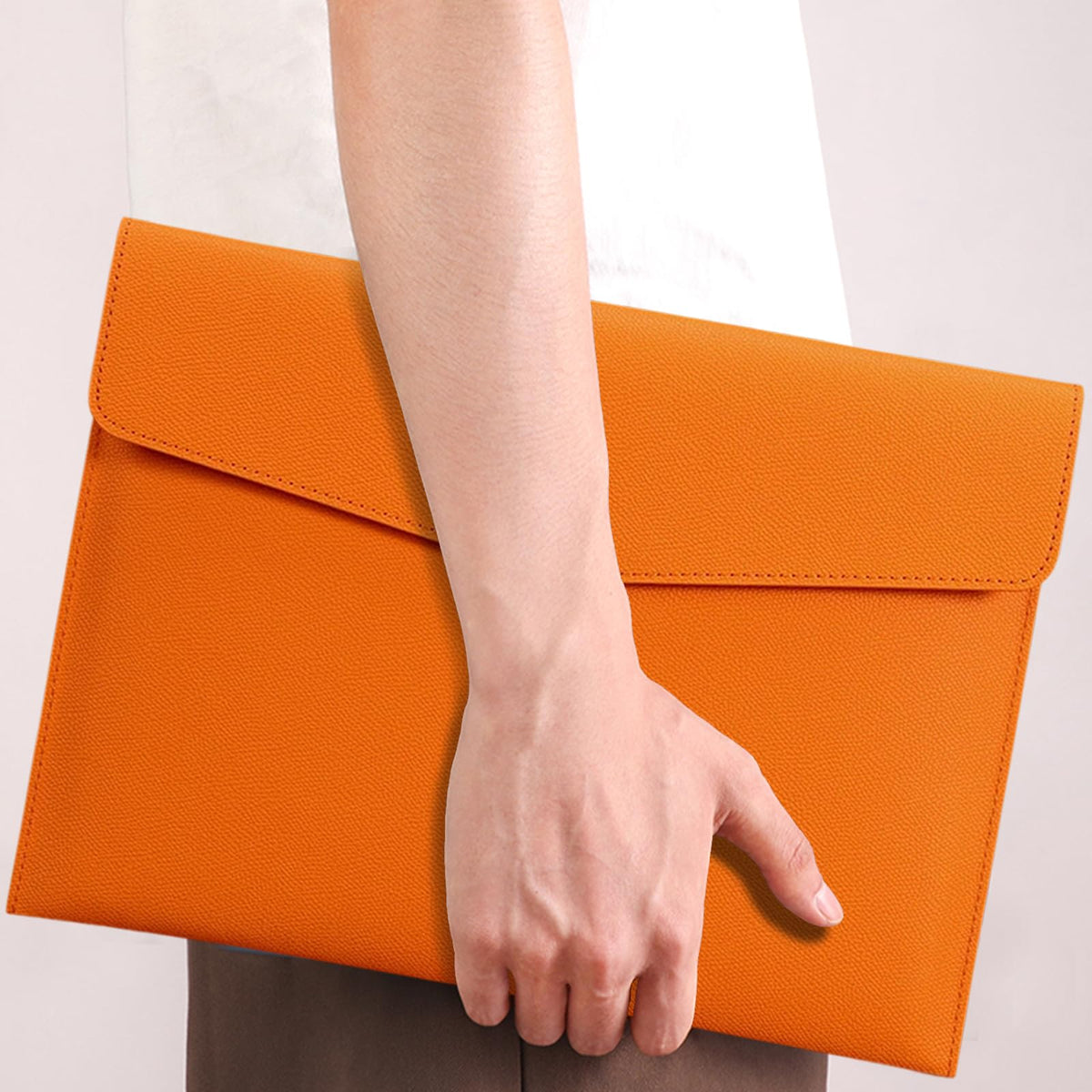 PU Leather A4 Document Folder — Waterproof Portable File Organizer (Orange)