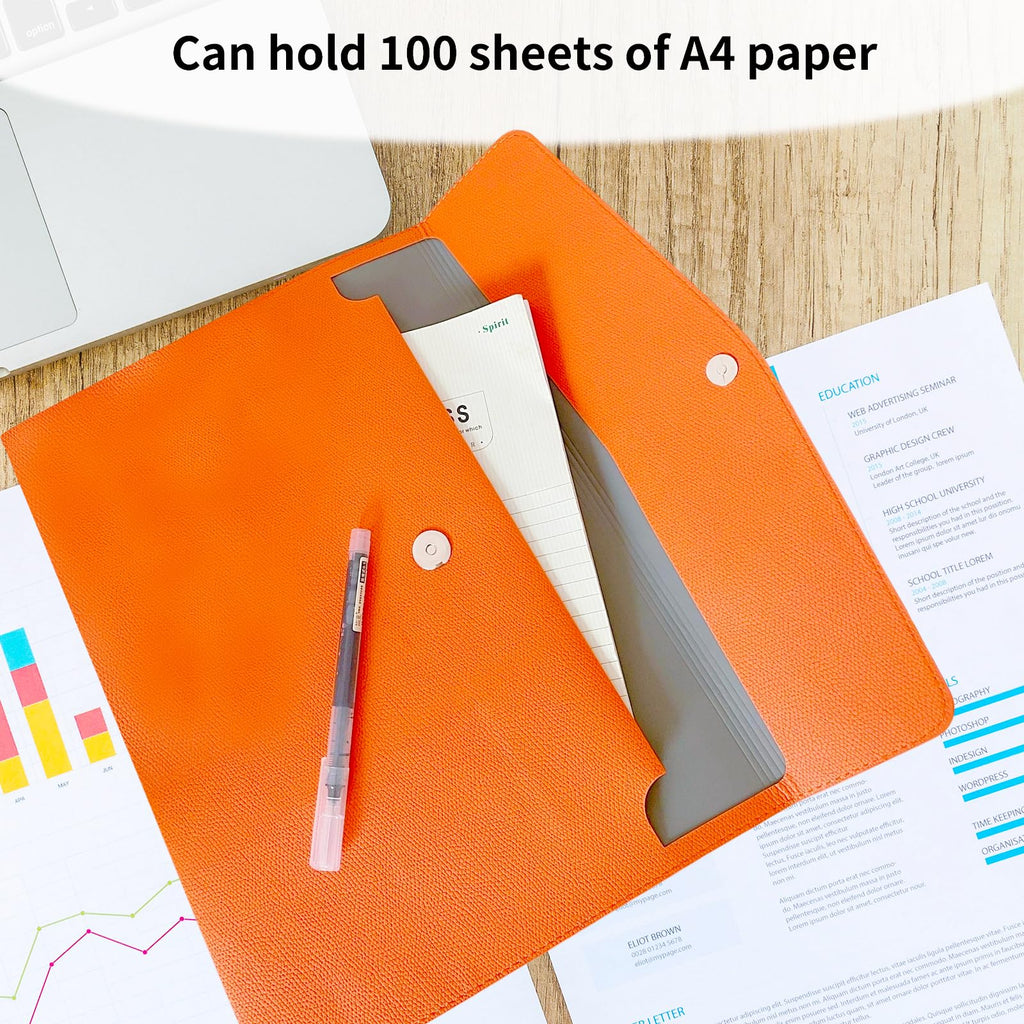 PU Leather A4 Document Folder — Waterproof Portable File Organizer (Orange)