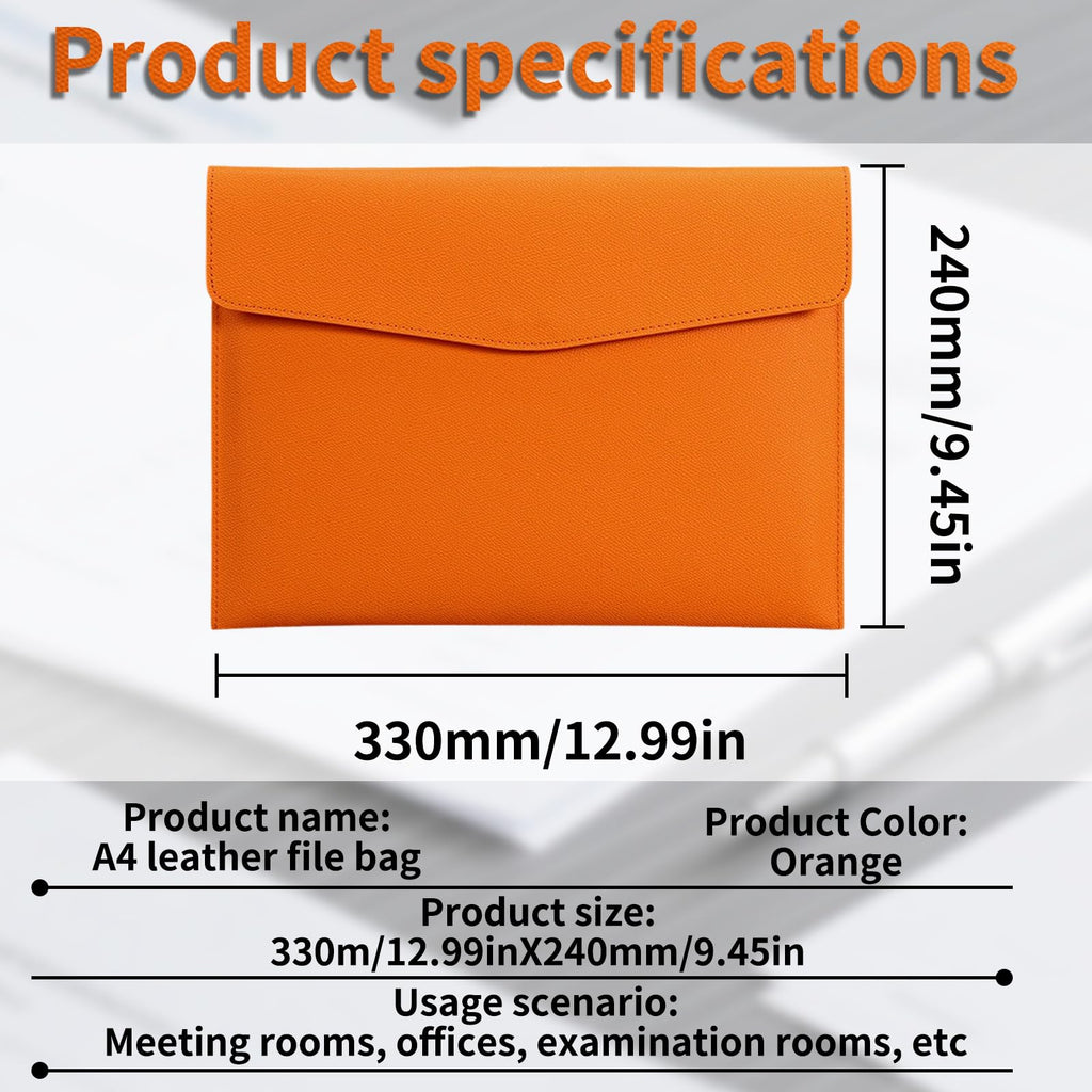 PU Leather A4 Document Folder — Waterproof Portable File Organizer (Orange)