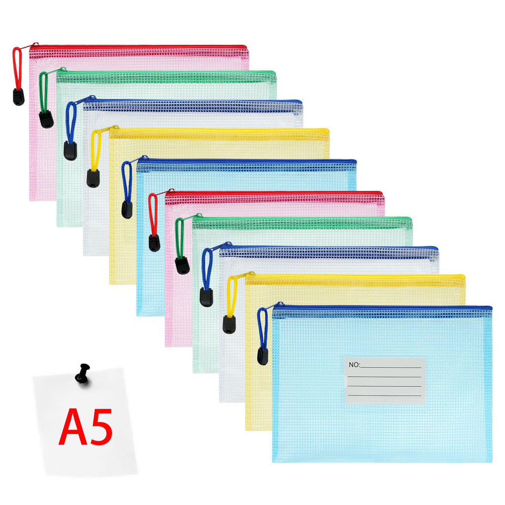 PVC A5 Zip Document Folders, 10-Pack with Label Pockets