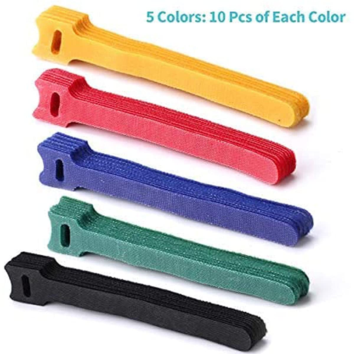 Reusable Hook & Loop Cable Ties 50-Pack, 150mm Multicolour