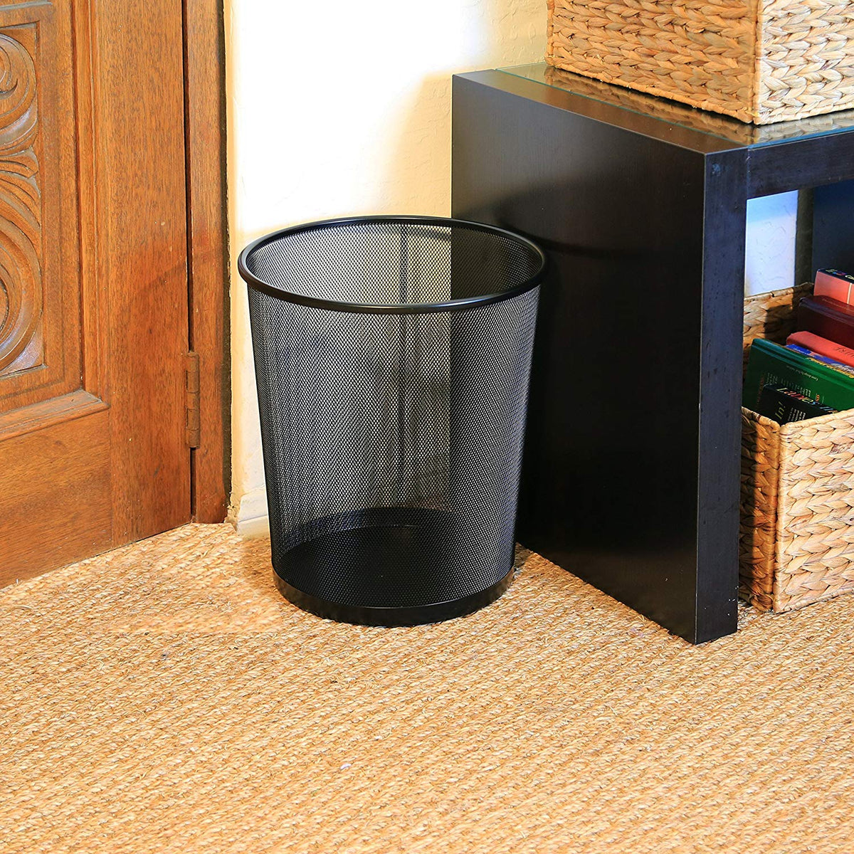 Round Black Mesh Trash Can — Metal Waste Bin, 1 Pack