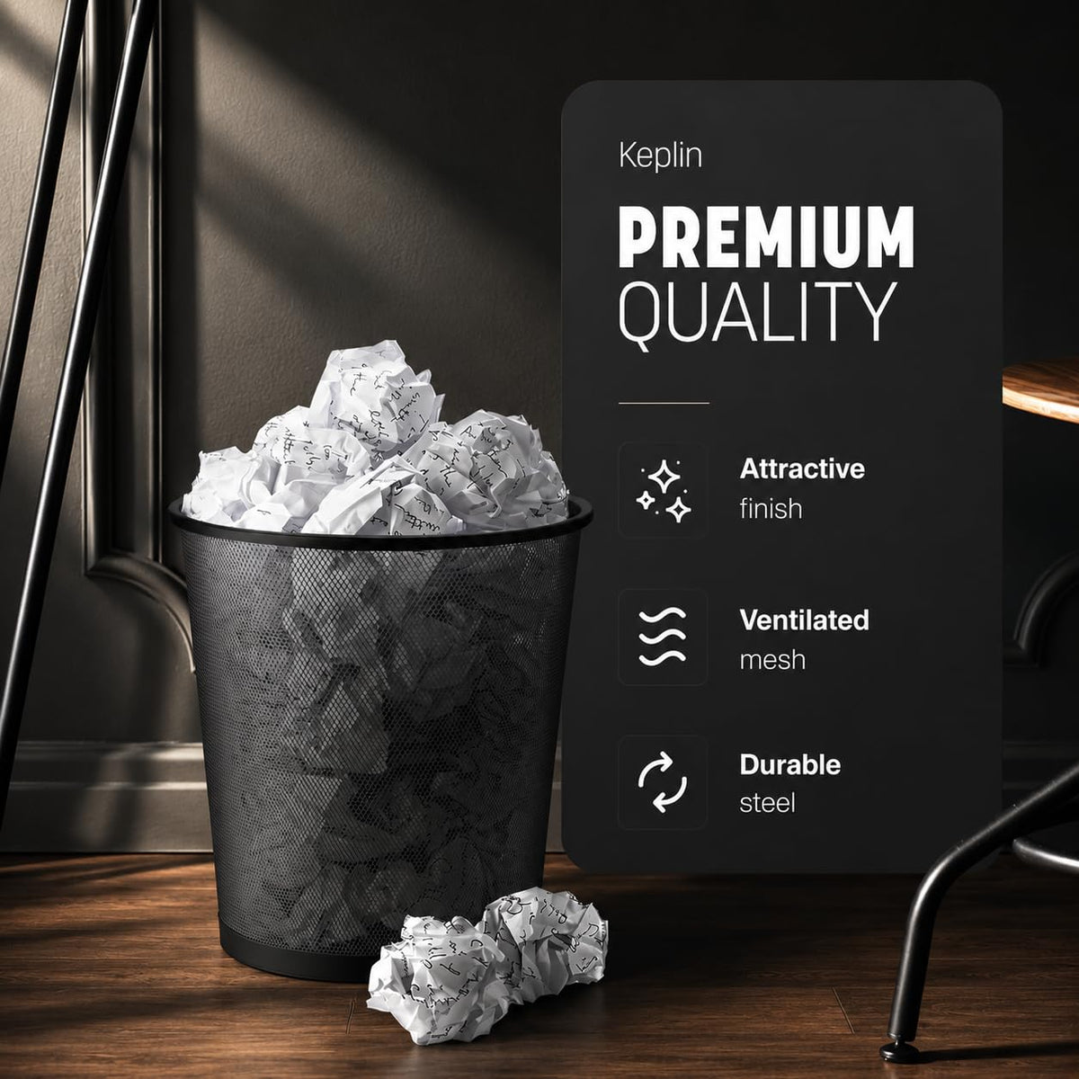 Round Mesh Trash Can 1-Pack, Charcoal Black Sturdy Metal