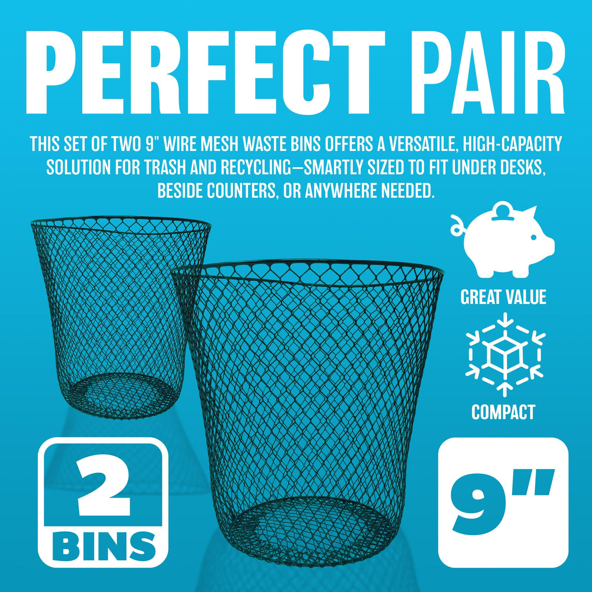 Set of 2 9" Wire Mesh Waste Bins — Black, Durable Trash Cans
