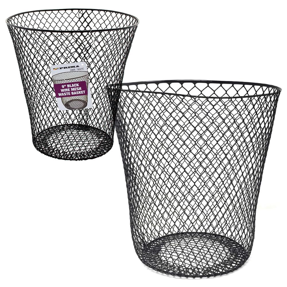 Set of 2 9" Wire Mesh Waste Bins — Black, Durable Trash Cans