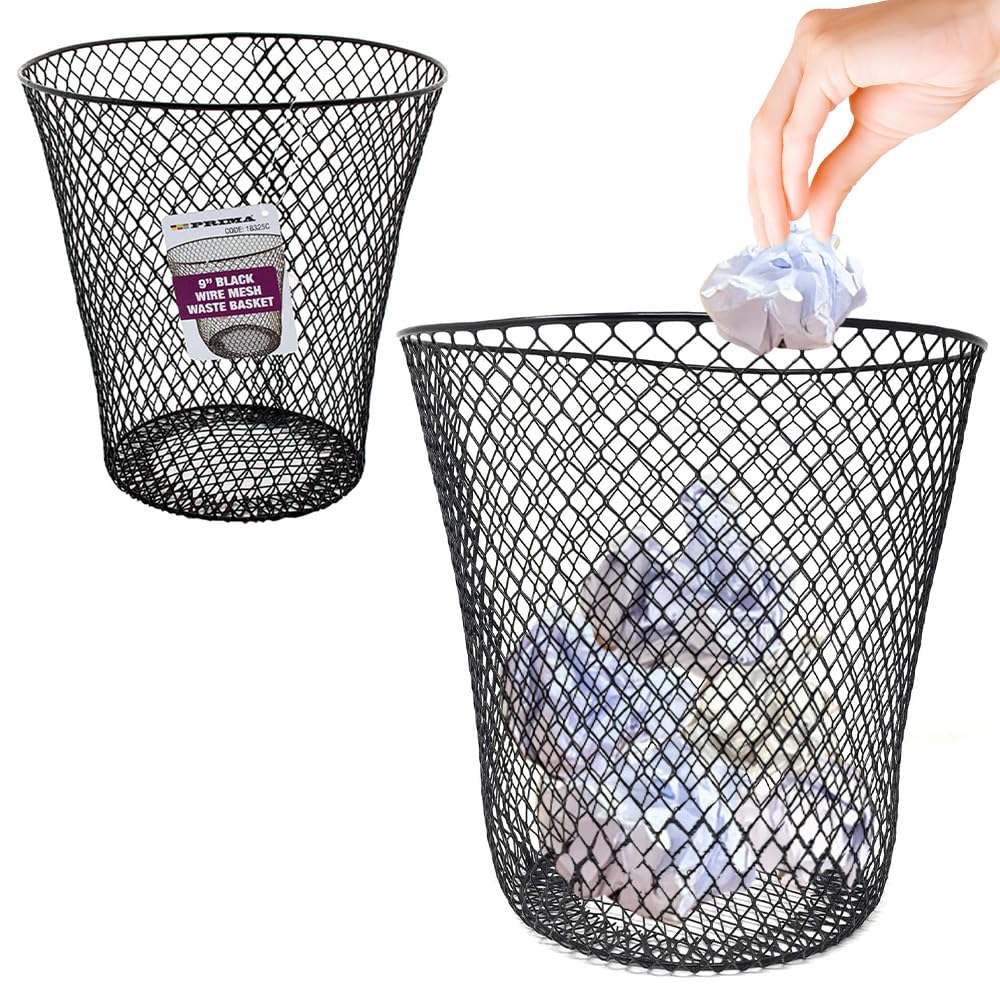Set of 2 9" Wire Mesh Waste Bins — Black, Durable Trash Cans