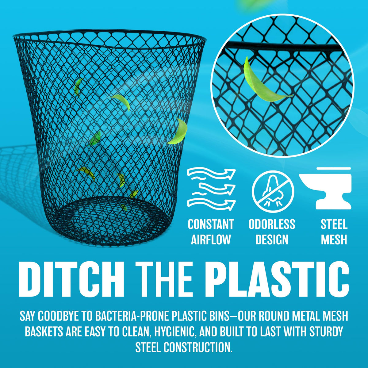 Set of 2 9" Wire Mesh Waste Bins — Black, Durable Trash Cans