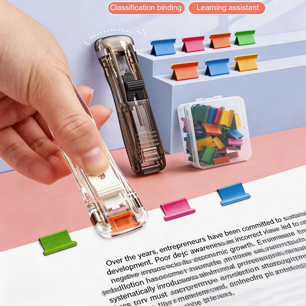 Stapleless Stapler Duo with 50 Colored Refill Clips, Compact Black