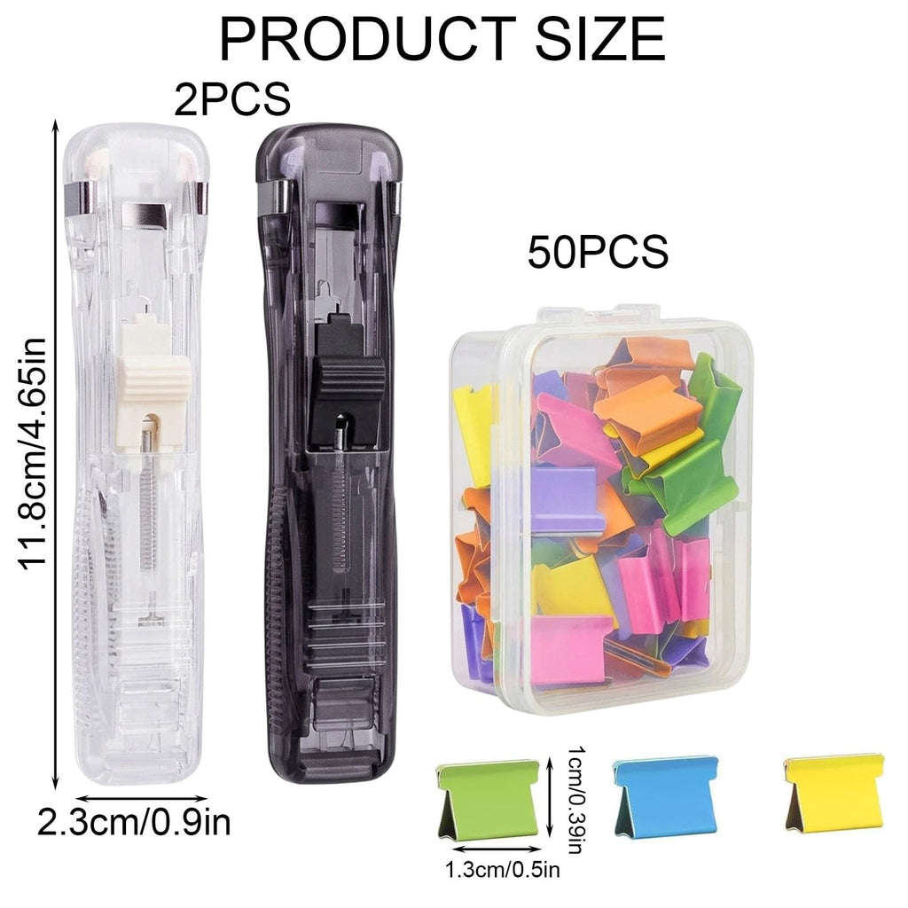 Stapleless Stapler Duo with 50 Colored Refill Clips, Compact Black
