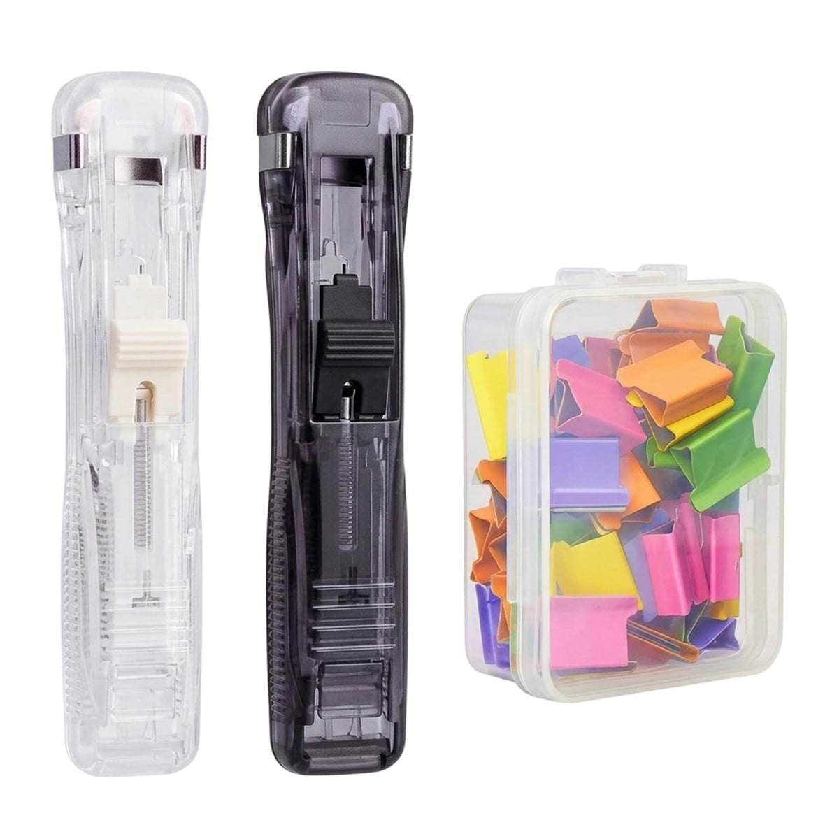 Stapleless Stapler Duo with 50 Colored Refill Clips, Compact Black