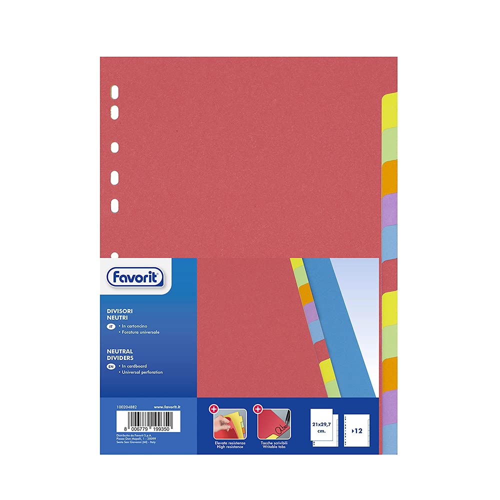 Universal A4 Hole Dividers for Ring Binders, 12 Coloured Tabs, 225 gsm