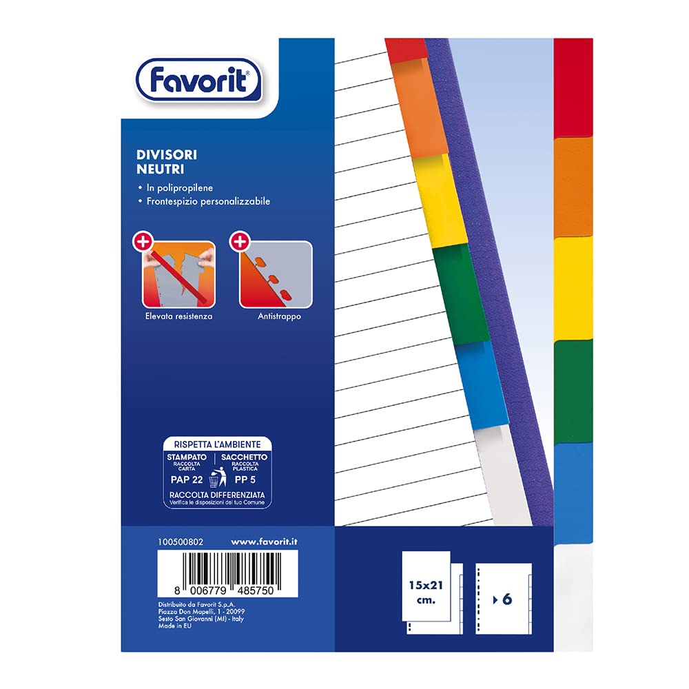 Universal A5 Ring Binder Dividers, 6 Colored Neutral Tabs, Polypropylene