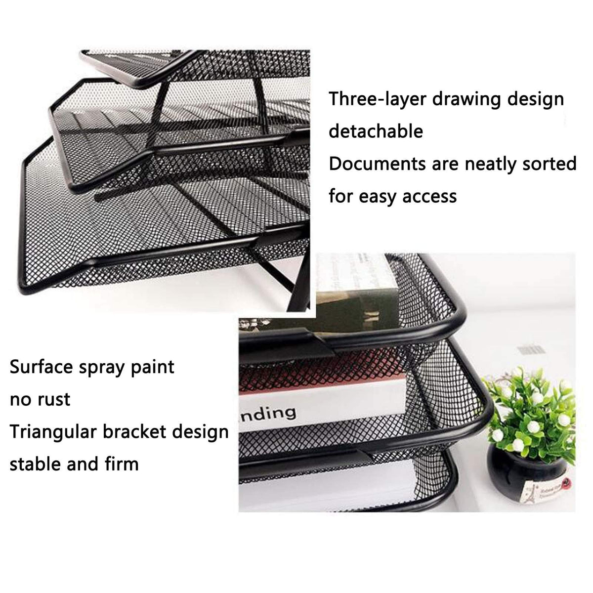 Wire Mesh 3-Tier Stackable A4 Letter Tray – Black